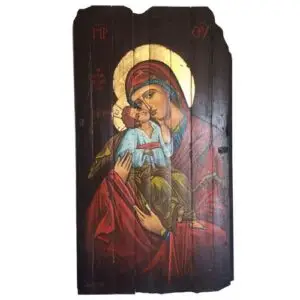 Virgin Mary with Christ on old wood